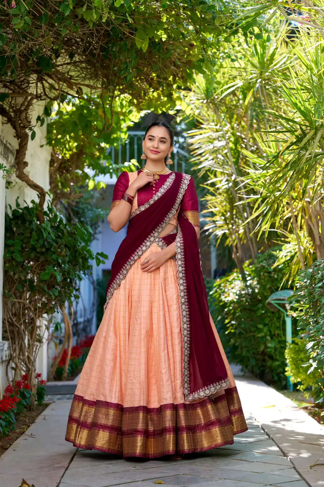 Peach Zari Chex Weaving Work Lehenga Choli | Lehenga, Bollywood Lehenga, Creative Lehenga, Designer Lehenga, Embroidered Lehenga, Party Wear Lehenga