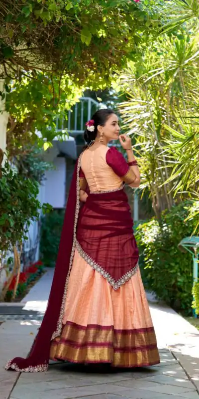 Peach Zari Chex Weaving Work Lehenga Choli | Lehenga, Bollywood Lehenga, Creative Lehenga, Designer Lehenga, Embroidered Lehenga, Party Wear Lehenga