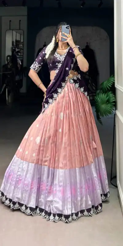 Peach Zari Kota Thread Lehenga Choli | Lehenga, Bollywood Lehenga, Creative Lehenga, Designer Lehenga, Embroidered Lehenga, Party Wear Lehenga