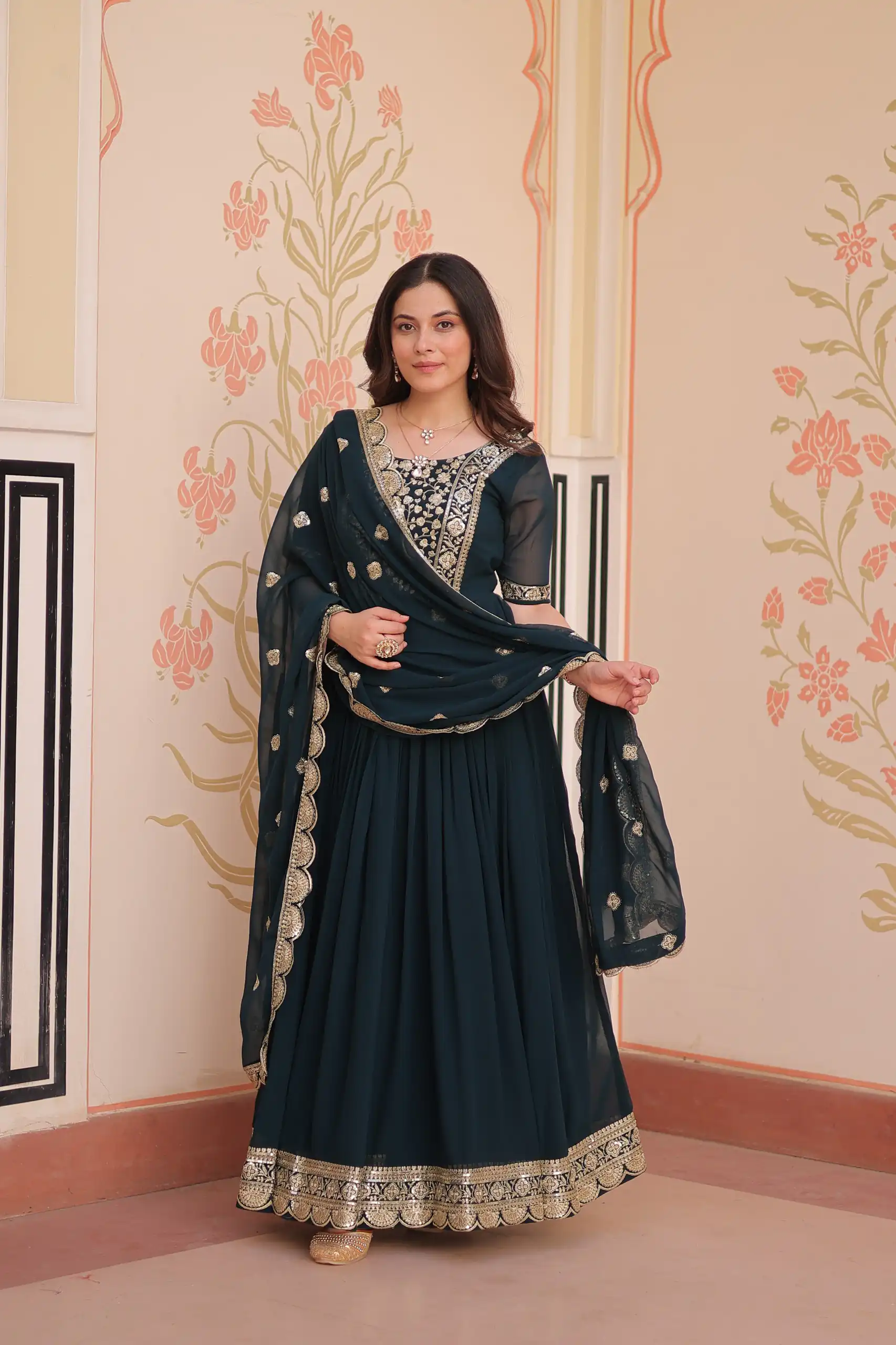 Peacock Blue Faux Blooming Embroidery Zari Work Gown | Gowns, Bollywood Gowns, Creative Gowns, Designer Gowns, Embroidered Gowns, Party Wear Gowns