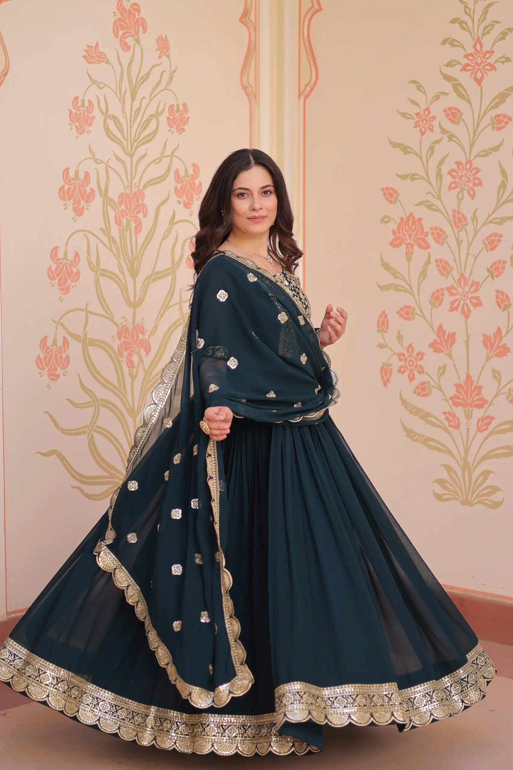 Peacock Blue Faux Blooming Embroidery Zari Work Gown | Gowns, Bollywood Gowns, Creative Gowns, Designer Gowns, Embroidered Gowns, Party Wear Gowns