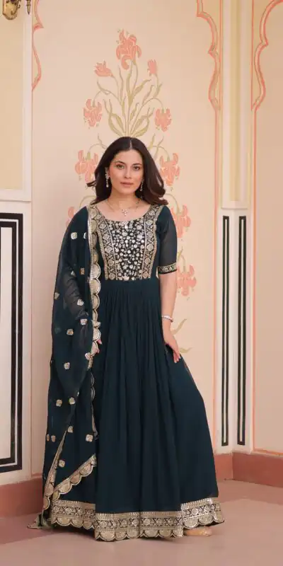 Peacock Blue Faux Blooming Embroidery Zari Work Gown | Gowns, Bollywood Gowns, Creative Gowns, Designer Gowns, Embroidered Gowns, Party Wear Gowns