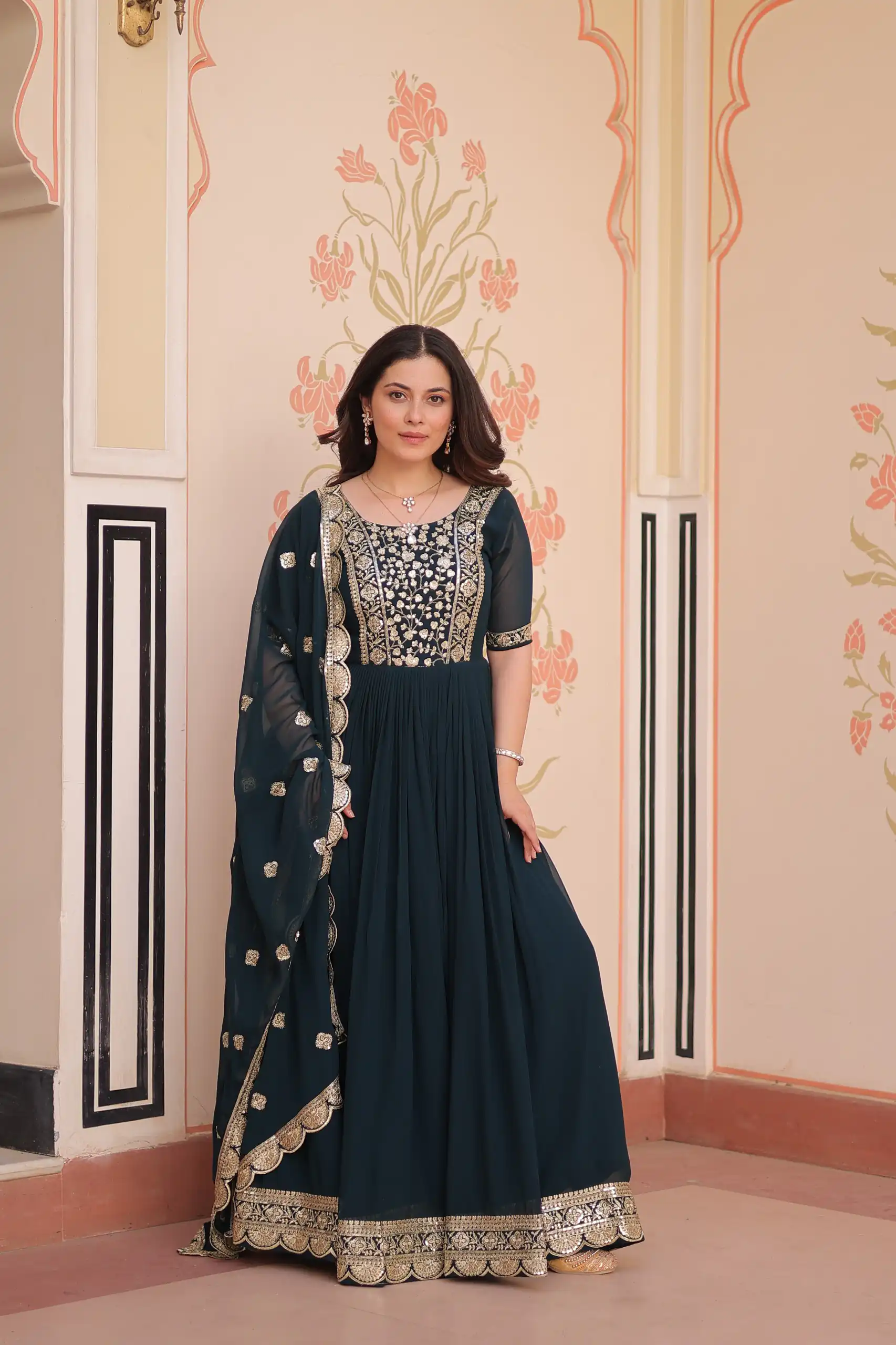 Peacock Blue Faux Blooming Embroidery Zari Work Gown | Gowns, Bollywood Gowns, Creative Gowns, Designer Gowns, Embroidered Gowns, Party Wear Gowns