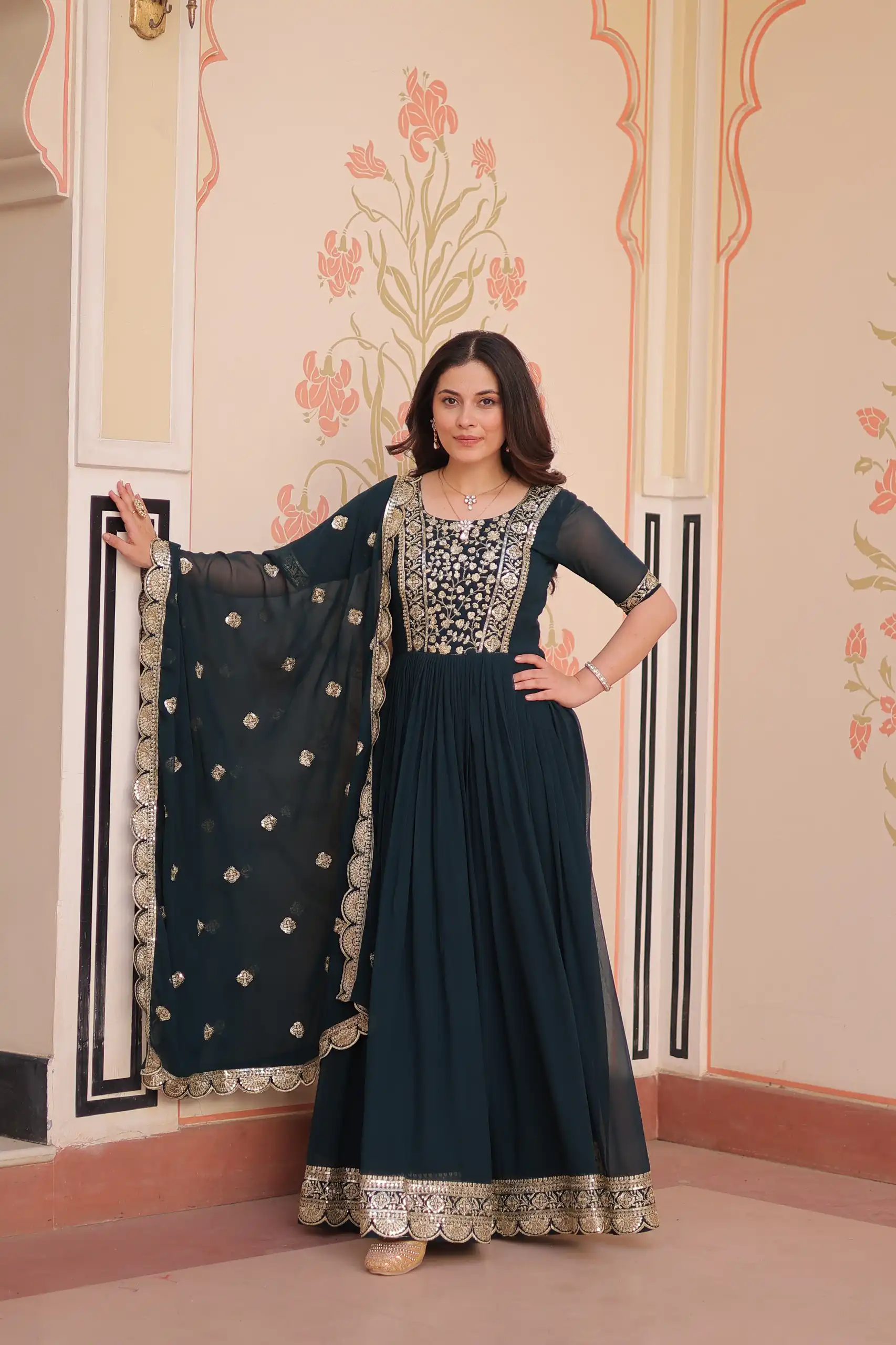 Peacock Blue Faux Blooming Embroidery Zari Work Gown | Gowns, Bollywood Gowns, Creative Gowns, Designer Gowns, Embroidered Gowns, Party Wear Gowns