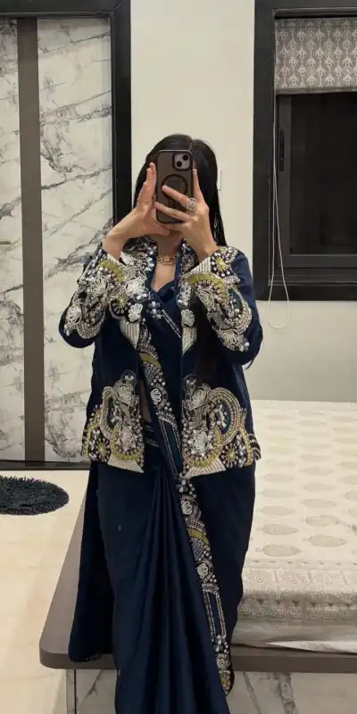 Peacock Blue French Crape Embroidery Work Saree | Sarees, Bollywood Sarees, Creative Sarees, Designer Sarees, Embroidered Sarees, Ethnic Saree, Modern Digital sarees, Party Wear Sarees