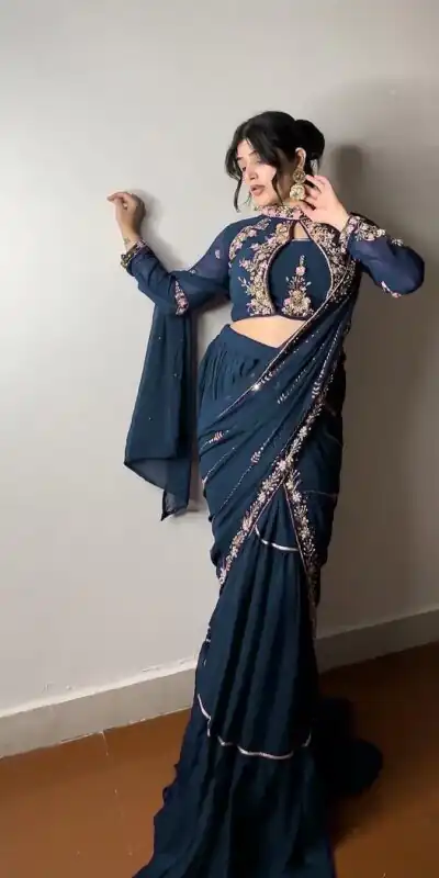 Peacock Blue Georgette Embroidery Lehenga Saree | Lehenga, Bollywood Lehenga, Creative Lehenga, Designer Lehenga, Embroidered Lehenga, Party Wear Lehenga
