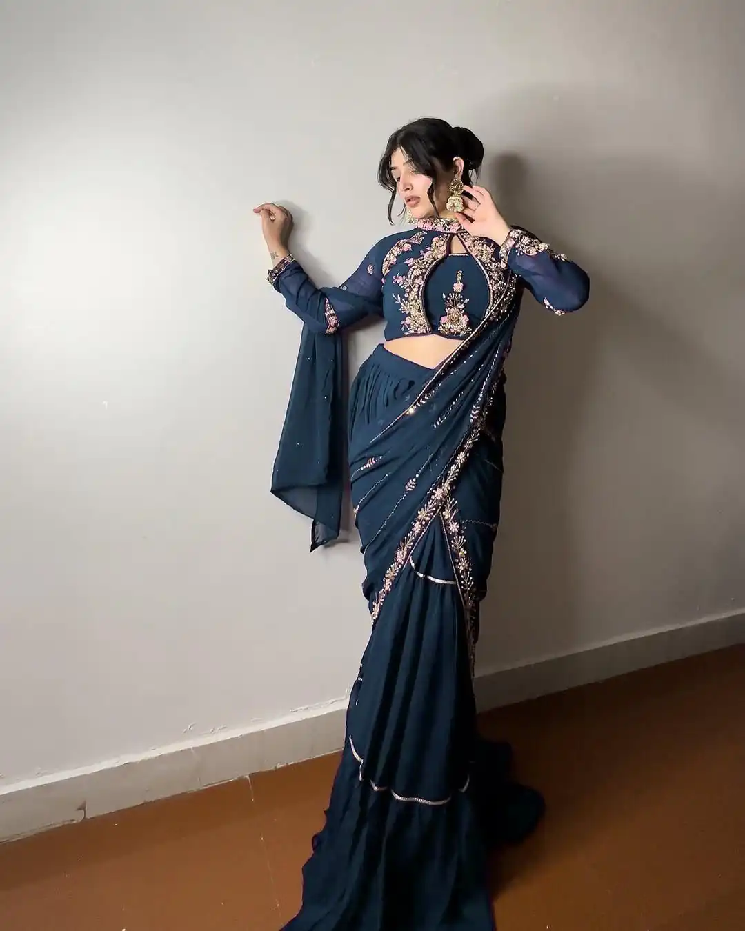 Peacock Blue Georgette Embroidery Lehenga Saree | Lehenga, Bollywood Lehenga, Creative Lehenga, Designer Lehenga, Embroidered Lehenga, Party Wear Lehenga