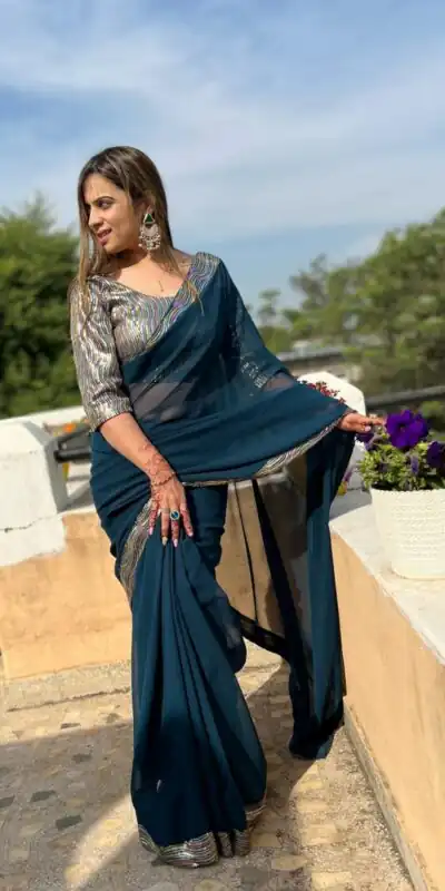 Peacock Blue Georgette Sequence Work Lace Saree | Sarees, Bollywood Sarees, Creative Sarees, Designer Sarees, Embroidered Sarees, Ethnic Saree, Modern Digital sarees, Party Wear Sarees