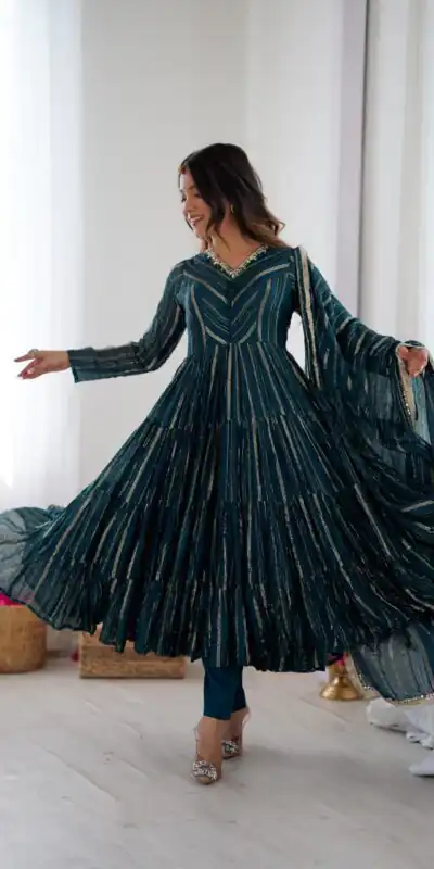 Peacock Blue Mal Chanderi Mirror Lace Work Gown | Gowns, Bollywood Gowns, Creative Gowns, Designer Gowns, Embroidered Gowns, Party Wear Gowns