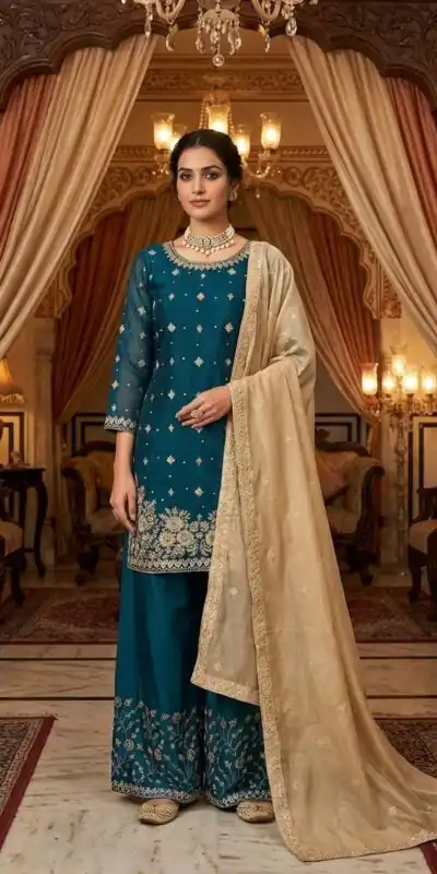 Peacock Blue Organza Silk Thread Work Salwar Suit | Jump Suits, Salwar suit, Casual Suits, Creative suits, Designer Suits, Palazzo Suits, Party Wear Suits, Patiala Suits, Straight Suits