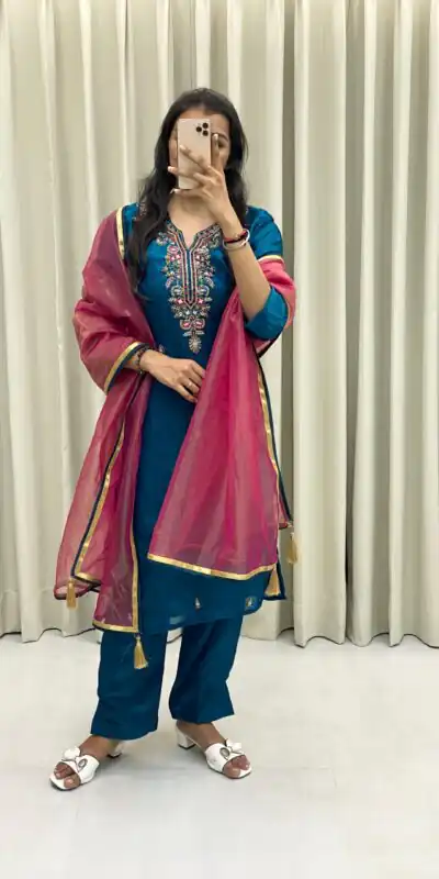 Peacock Blue Silk Hand Work Salwar Suit | Jump Suits, Salwar suit, Casual Suits, Creative suits, Designer Suits, Palazzo Suits, Party Wear Suits, Patiala Suits, Straight Suits