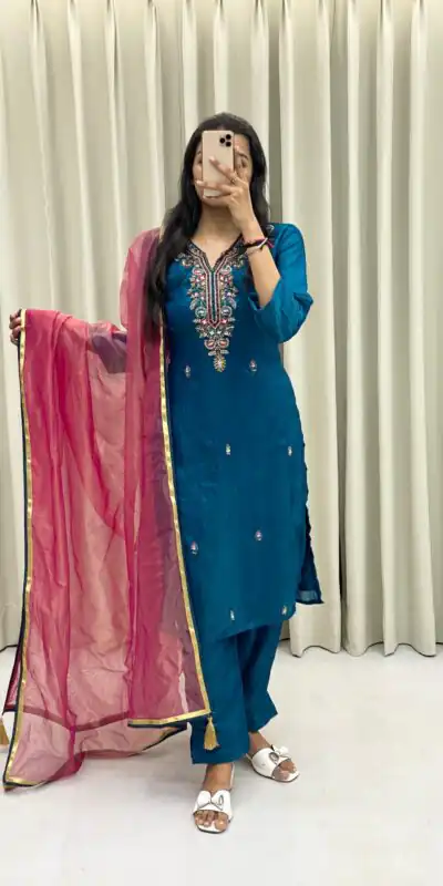 Peacock Blue Silk Hand Work Salwar Suit | Jump Suits, Salwar suit, Casual Suits, Creative suits, Designer Suits, Palazzo Suits, Party Wear Suits, Patiala Suits, Straight Suits