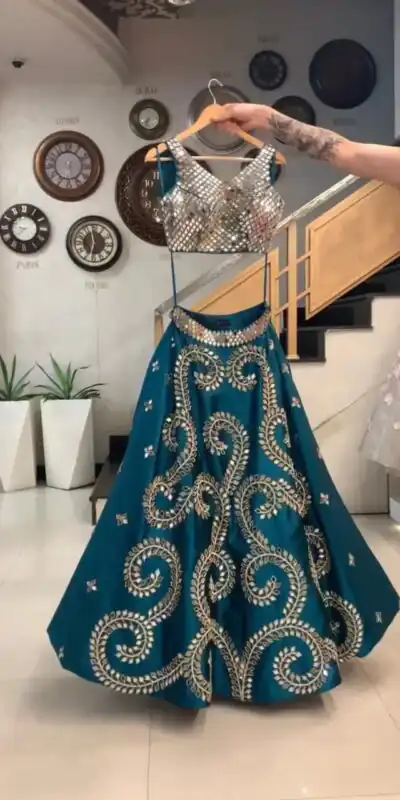 Peacock Blue Taffeta Silk Original Glass Mirror Work Lehenga | Lehenga, Bollywood Lehenga, Creative Lehenga, Designer Lehenga, Embroidered Lehenga, Party Wear Lehenga