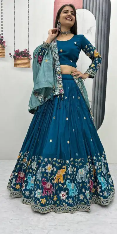 Peacock Blue Vichitra Silk Lace Border Work Lehenga Choli | Lehenga, Bollywood Lehenga, Creative Lehenga, Designer Lehenga, Embroidered Lehenga, Party Wear Lehenga