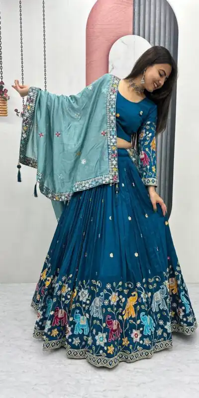 Peacock Blue Vichitra Silk Lace Border Work Lehenga Choli | Lehenga, Bollywood Lehenga, Creative Lehenga, Designer Lehenga, Embroidered Lehenga, Party Wear Lehenga