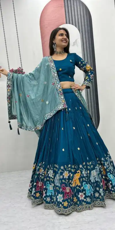 Peacock Blue Vichitra Silk Lace Border Work Lehenga Choli | Lehenga, Bollywood Lehenga, Creative Lehenga, Designer Lehenga, Embroidered Lehenga, Party Wear Lehenga