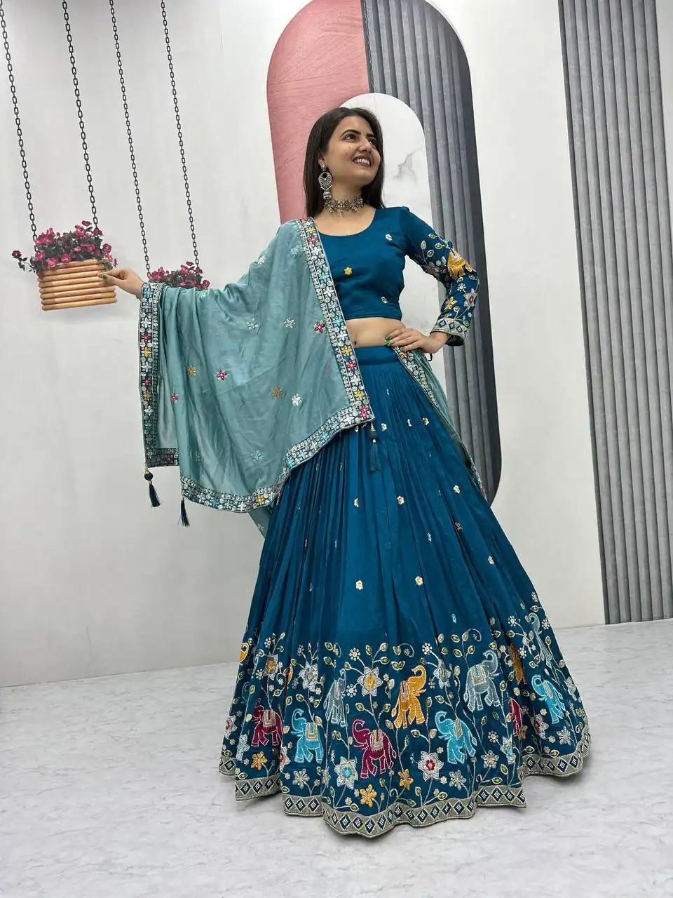 Peacock Blue Vichitra Silk Lace Border Work Lehenga Choli | Lehenga, Bollywood Lehenga, Creative Lehenga, Designer Lehenga, Embroidered Lehenga, Party Wear Lehenga