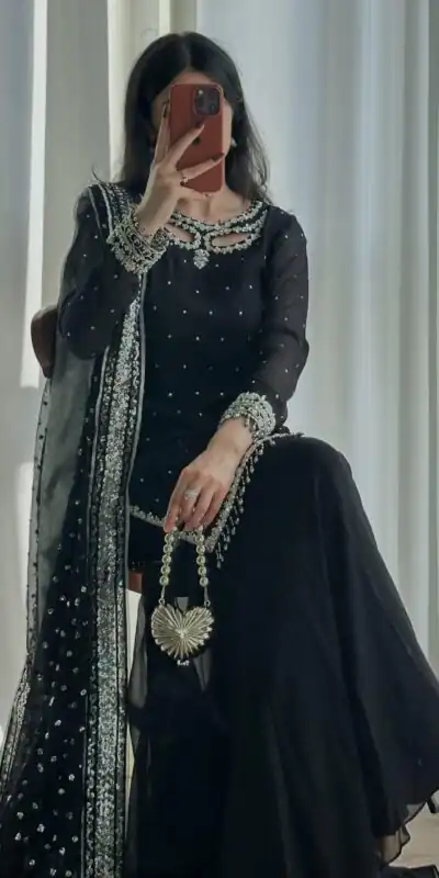 SRK 5353 Black Faux Georgette Salwar Suit Perfect for Wedding, Party, Family Gatherings, Sangeet, Housewarming – . Affordable Price ₹1949. Days | Jump Suits, Salwar suit, Casual Suits, Creative suits, Designer Suits, Palazzo Suits, Party Wear Suits, Patiala Suits, Straight Suits