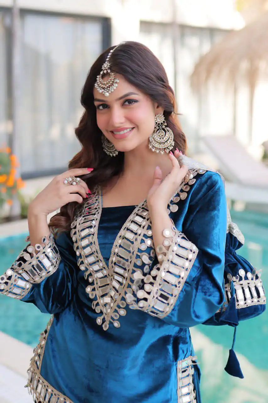 Perfect Blue 9000 Velvet Mirror Embroidery Work Salwar Suit | Jump Suits, Salwar suit, Casual Suits, Creative suits, Designer Suits, Palazzo Suits, Party Wear Suits, Patiala Suits, Straight Suits