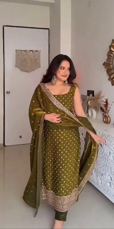 Perfect Mehendi Fendy Silk Sequence Work Salwar Suit | Jump Suits, Salwar suit, Casual Suits, Creative suits, Designer Suits, Palazzo Suits, Party Wear Suits, Patiala Suits, Straight Suits