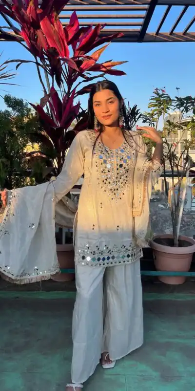Perfect Off White Faux Georgette Mirror Salwar Suit | Jump Suits, Salwar suit, Casual Suits, Creative suits, Designer Suits, Palazzo Suits, Party Wear Suits, Patiala Suits, Straight Suits