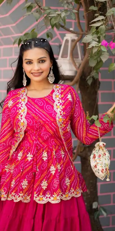 Pink Bandhej Embroidery Thread Work Lehenga Crop Top & Jacket | Lehenga, Bollywood Lehenga, Creative Lehenga, Designer Lehenga, Embroidered Lehenga, Party Wear Lehenga