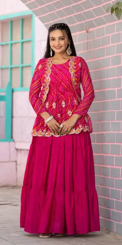 Pink Bandhej Embroidery Thread Work Lehenga Crop Top & Jacket | Lehenga, Bollywood Lehenga, Creative Lehenga, Designer Lehenga, Embroidered Lehenga, Party Wear Lehenga