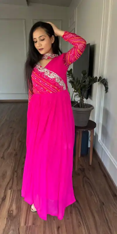Pink Bandhej Fox Georgette Sequence Embroidery Work Anarkali Gown | Gowns, Bollywood Gowns, Creative Gowns, Designer Gowns, Embroidered Gowns, Party Wear Gowns, Straight Suits