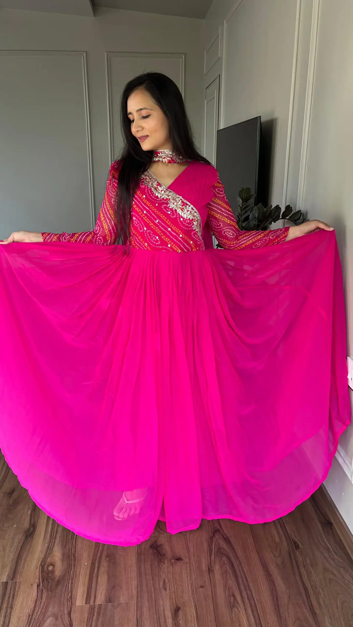 Pink Bandhej Fox Georgette Sequence Embroidery Work Anarkali Gown | Gowns, Bollywood Gowns, Creative Gowns, Designer Gowns, Embroidered Gowns, Party Wear Gowns, Straight Suits
