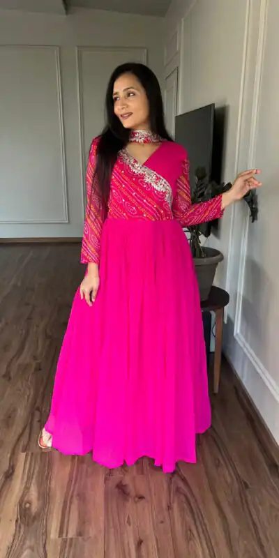 Pink Bandhej Fox Georgette Sequence Embroidery Work Anarkali Gown | Gowns, Bollywood Gowns, Creative Gowns, Designer Gowns, Embroidered Gowns, Party Wear Gowns, Straight Suits