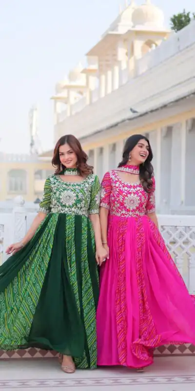 Pink Bandhej Fox Georgette Sequence Work Gown | Gowns, Bollywood Gowns, Creative Gowns, Designer Gowns, Embroidered Gowns, Party Wear Gowns