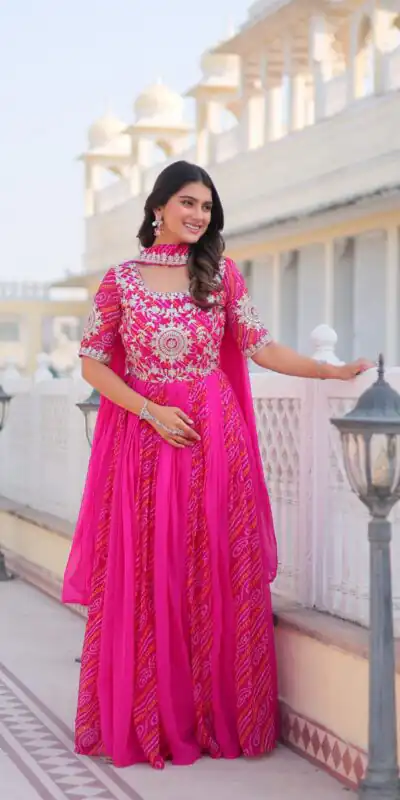 Pink Bandhej Fox Georgette Sequence Work Gown | Gowns, Bollywood Gowns, Creative Gowns, Designer Gowns, Embroidered Gowns, Party Wear Gowns