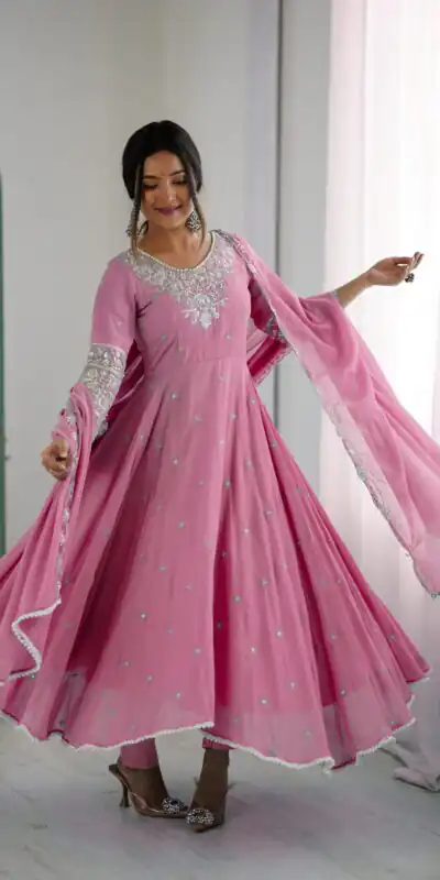 Pink Blooming Faux Embroidery Work Gown | Lehenga, Bollywood Lehenga, Creative Lehenga, Designer Lehenga, Embroidered Lehenga, Party Wear Lehenga