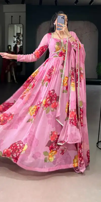 Pink Chiffon Floral Print Lace Work Gown | Gowns, Bollywood Gowns, Creative Gowns, Designer Gowns, Embroidered Gowns, Party Wear Gowns