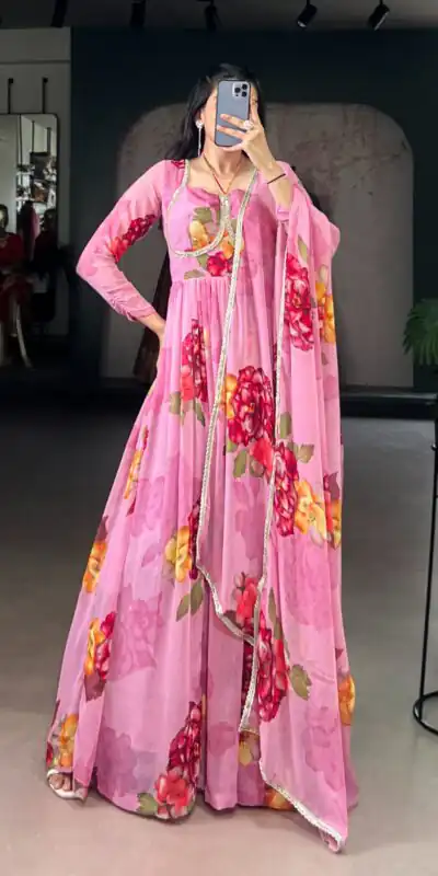 Pink Chiffon Floral Print Lace Work Gown | Gowns, Bollywood Gowns, Creative Gowns, Designer Gowns, Embroidered Gowns, Party Wear Gowns