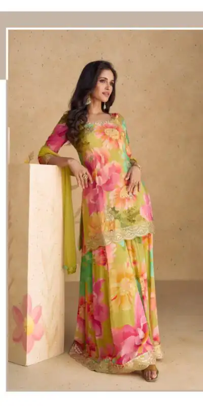 Pink Chinon Printed Embroidery Work Sharara Suit | Jump Suits, Salwar suit, Casual Suits, Creative suits, Designer Suits, Palazzo Suits, Party Wear Suits, Patiala Suits, Straight Suits