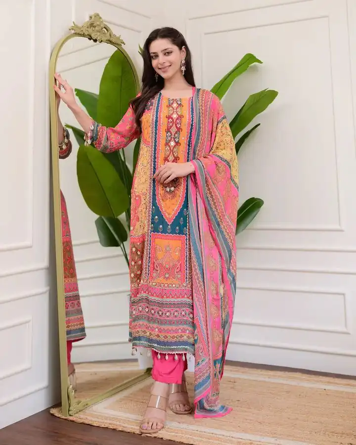 Pink Chinon Printed Mirror Work Moti Lace Salwar Suit | Jump Suits, Salwar suit, Casual Suits, Creative suits, Designer Suits, Palazzo Suits, Party Wear Suits, Patiala Suits, Straight Suits
