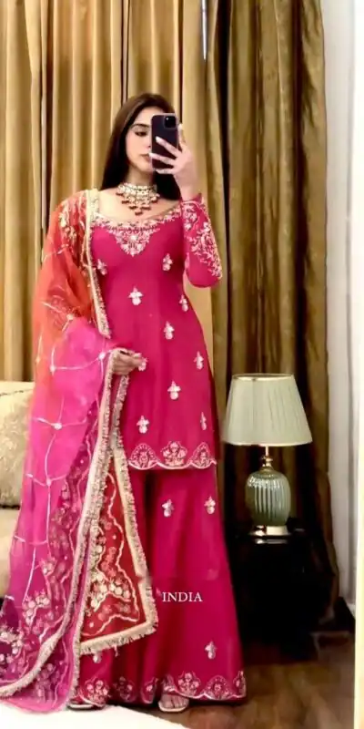 Pink Chinon Silk Embroidery Work Sawlar Suit | Jump Suits, Salwar suit, Casual Suits, Creative suits, Designer Suits, Palazzo Suits, Party Wear Suits, Patiala Suits, Straight Suits