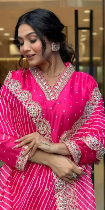 Pink Chinon Silk Wide Digital Print Coding Work Lace Salwar Suit | Jump Suits, Salwar suit, Casual Suits, Creative suits, Designer Suits, Palazzo Suits, Party Wear Suits, Patiala Suits, Straight Suits