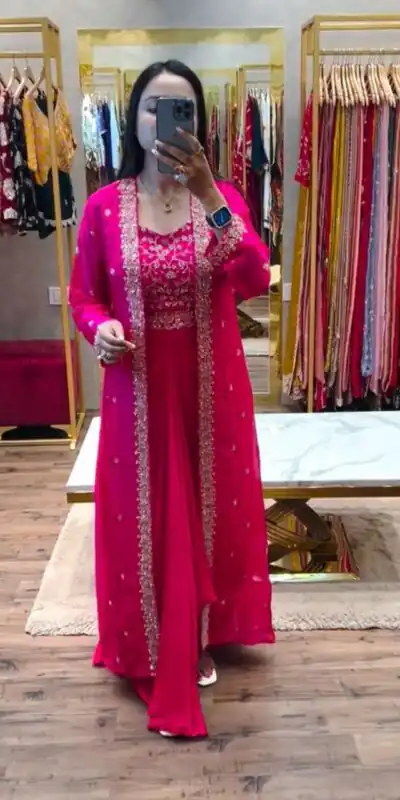 Pink Chinon Silk With Embroidery Work Dhoti Suit | Jump Suits, Salwar suit, Casual Suits, Creative suits, Designer Suits, Palazzo Suits, Party Wear Suits, Patiala Suits, Straight Suits