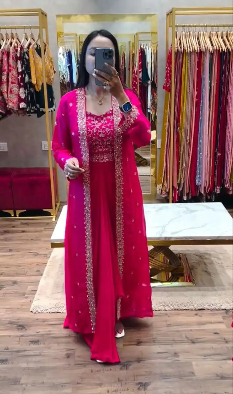 Pink Chinon Silk With Embroidery Work Dhoti Suit | Jump Suits, Salwar suit, Casual Suits, Creative suits, Designer Suits, Palazzo Suits, Party Wear Suits, Patiala Suits, Straight Suits