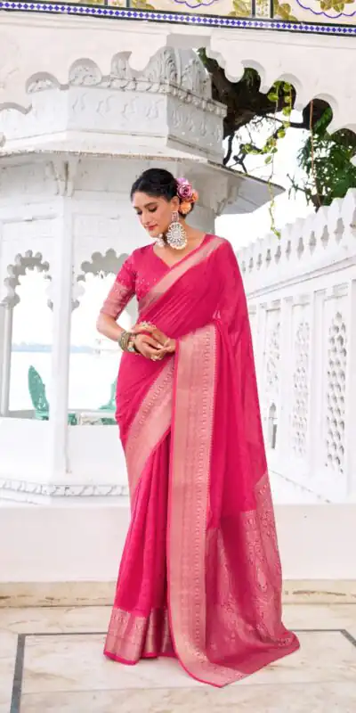 Pink Chinon Zari Work Saree | Sarees, Bollywood Sarees, Creative Sarees, Designer Sarees, Embroidered Sarees, Ethnic Saree, Modern Digital sarees, Party Wear Sarees