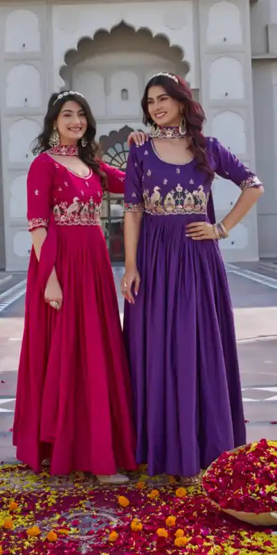 Pink Crap Silk Embroidery Work Gown | Gowns, Bollywood Gowns, Creative Gowns, Designer Gowns, Embroidered Gowns, Party Wear Gowns
