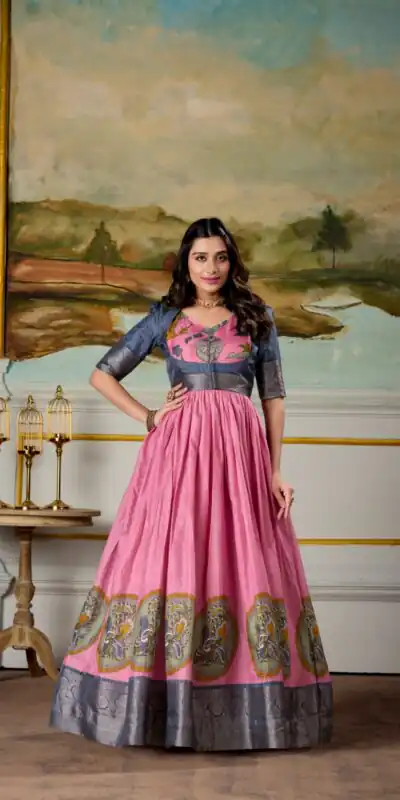 Pink Dola Silk Print Weaving Broder Gown | Gowns, Bollywood Gowns, Creative Gowns, Designer Gowns, Embroidered Gowns, Party Wear Gowns