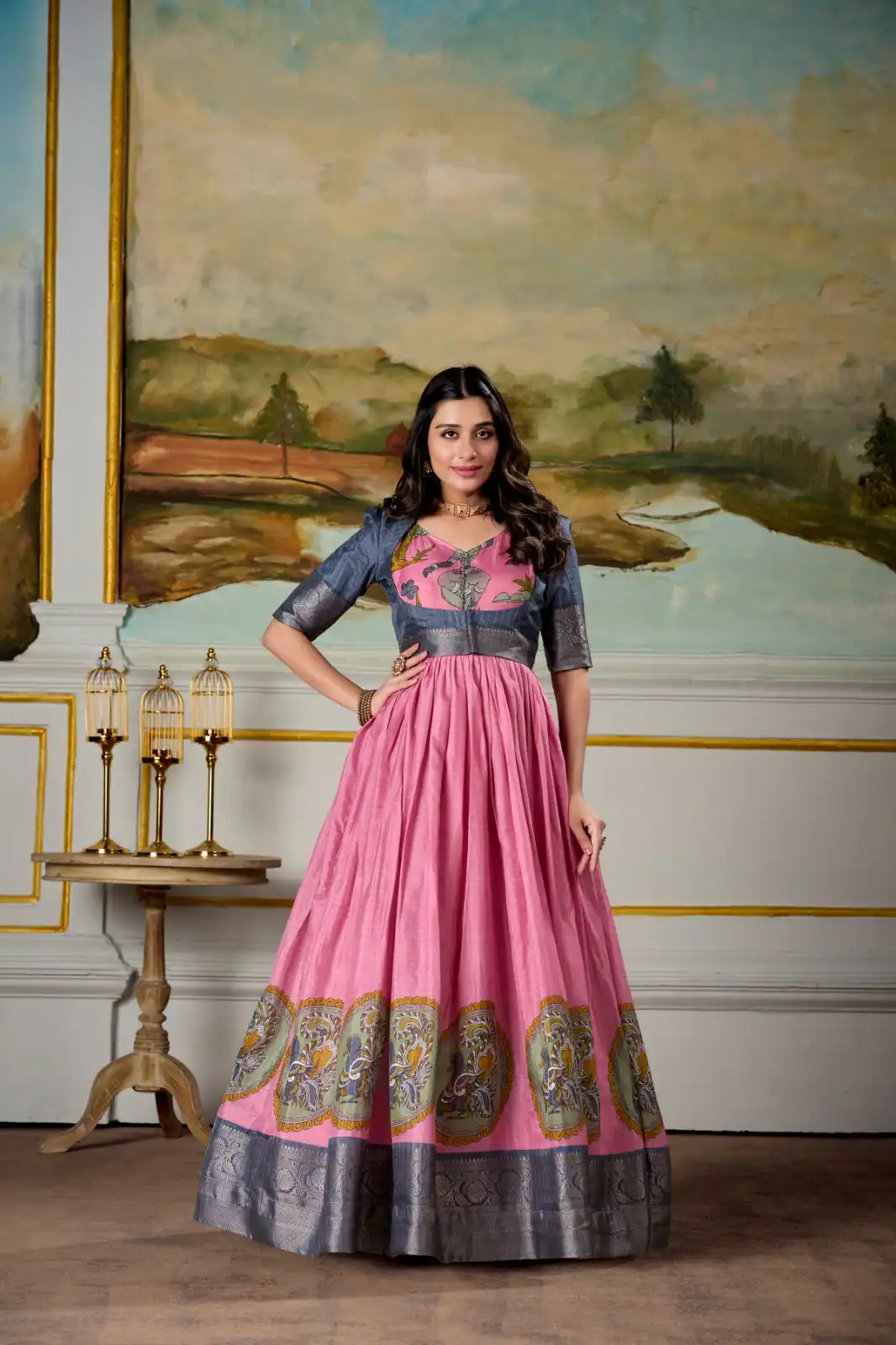Pink Dola Silk Print Weaving Broder Gown | Gowns, Bollywood Gowns, Creative Gowns, Designer Gowns, Embroidered Gowns, Party Wear Gowns