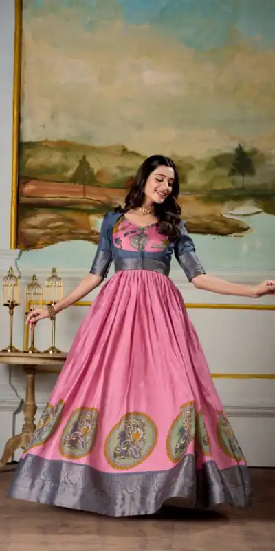 Pink Dola Silk Print Weaving Broder Gown | Gowns, Bollywood Gowns, Creative Gowns, Designer Gowns, Embroidered Gowns, Party Wear Gowns