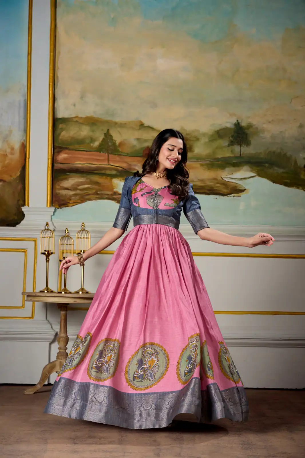 Pink Dola Silk Print Weaving Broder Gown | Gowns, Bollywood Gowns, Creative Gowns, Designer Gowns, Embroidered Gowns, Party Wear Gowns