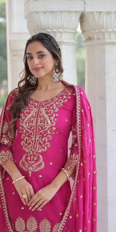 Pink Faux Blooming Embroidered Work Salwar Suit | Jump Suits, Salwar suit, Casual Suits, Creative suits, Designer Suits, Palazzo Suits, Party Wear Suits, Patiala Suits, Straight Suits