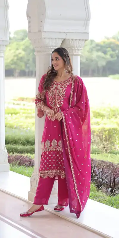 Pink Faux Blooming Embroidered Work Salwar Suit | Jump Suits, Salwar suit, Casual Suits, Creative suits, Designer Suits, Palazzo Suits, Party Wear Suits, Patiala Suits, Straight Suits