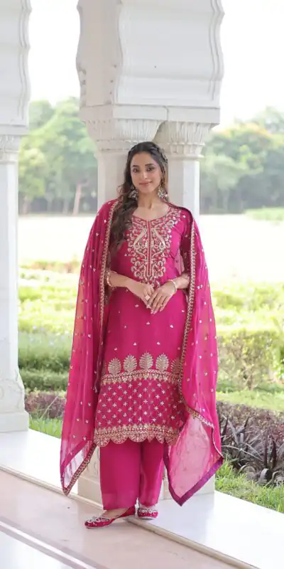 Pink Faux Blooming Embroidered Work Salwar Suit | Jump Suits, Salwar suit, Casual Suits, Creative suits, Designer Suits, Palazzo Suits, Party Wear Suits, Patiala Suits, Straight Suits